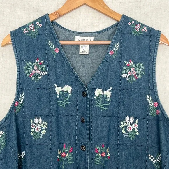Vintage Van Heusen Floral Embroidered Denim Vest Cottagecore Women's XL - Picture 3 of 6